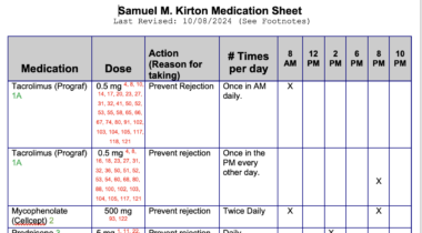 A spreadsheet created by the author shows several of his medications, as well as their dosages, their function, and the times he takes them each day.